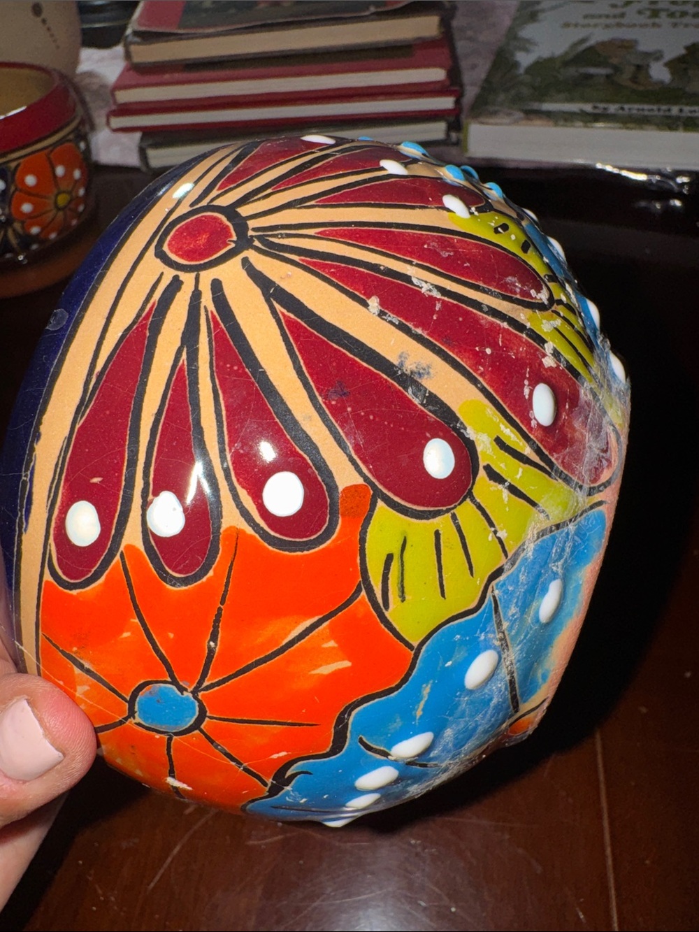 Made in Mexico Handcrafted Orange Floral Ceramic Planter Bowl with bottom tray - Picture 6 of 12